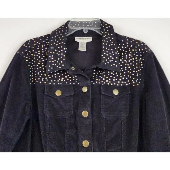 Cathy Daniels Jacket Womens Large Black Corduroy Rhinestone Western Snap On - Picture 7 of 11